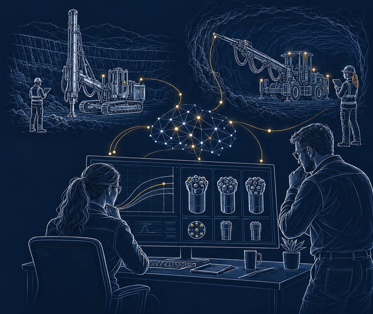 An illustration of drill rigs at a surface mine and underground, their field data flowing into a shared network that two engineers review on screen